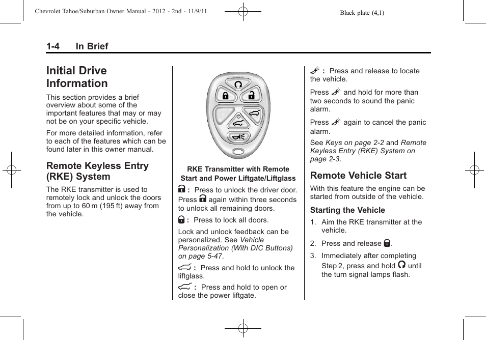 Initial drive information, Remote keyless entry (rke) system, Remote vehicle start | Initial drive information -4, Additional storage features -2, Trademarks and license, System -4, Remote vehicle start -4, Windshield | CHEVROLET 2012 Suburban User Manual | Page 10 / 544