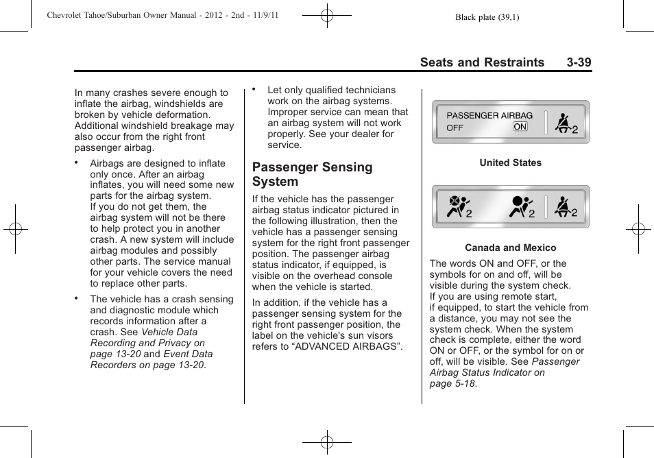 Passenger sensing system, Sensing, Right | Seats and restraints 3-39 | CHEVROLET 2012 Suburban User Manual | Page 101 / 544