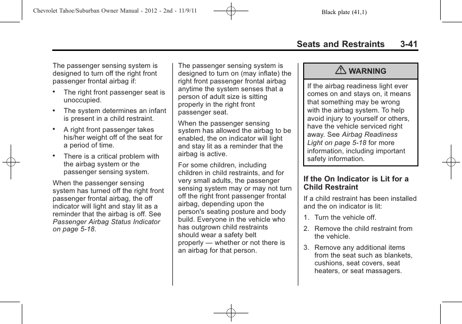 Seats and restraints 3-41 | CHEVROLET 2012 Suburban User Manual | Page 103 / 544