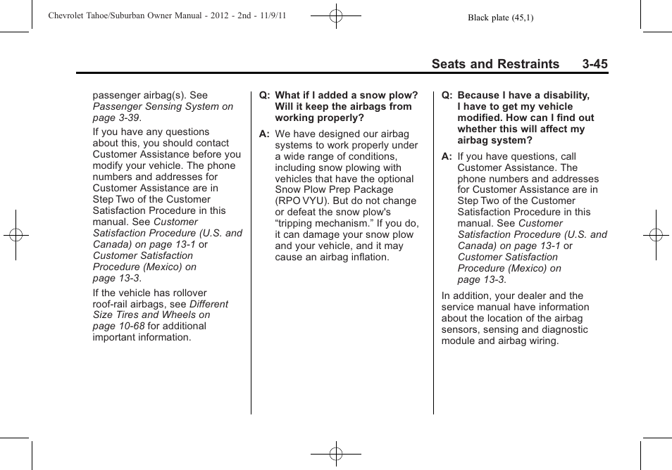 Seats and restraints 3-45 | CHEVROLET 2012 Suburban User Manual | Page 107 / 544