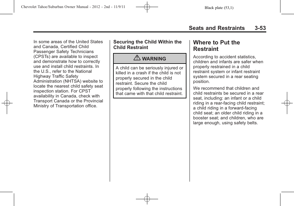 Where to put the restraint, Where to put the restraint -53 | CHEVROLET 2012 Suburban User Manual | Page 115 / 544