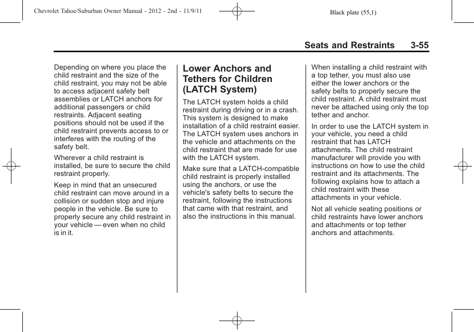 Lower anchors and tethers, For children (latch system) -55 | CHEVROLET 2012 Suburban User Manual | Page 117 / 544