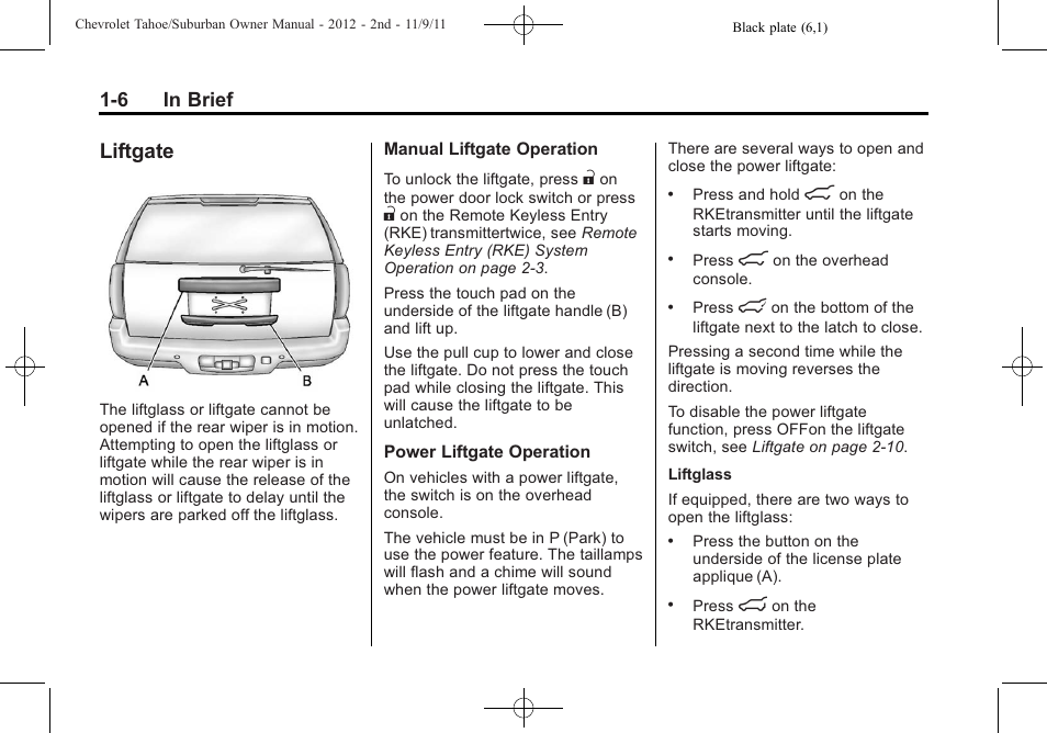 Liftgate, Liftgate -6, 6 in brief | CHEVROLET 2012 Suburban User Manual | Page 12 / 544