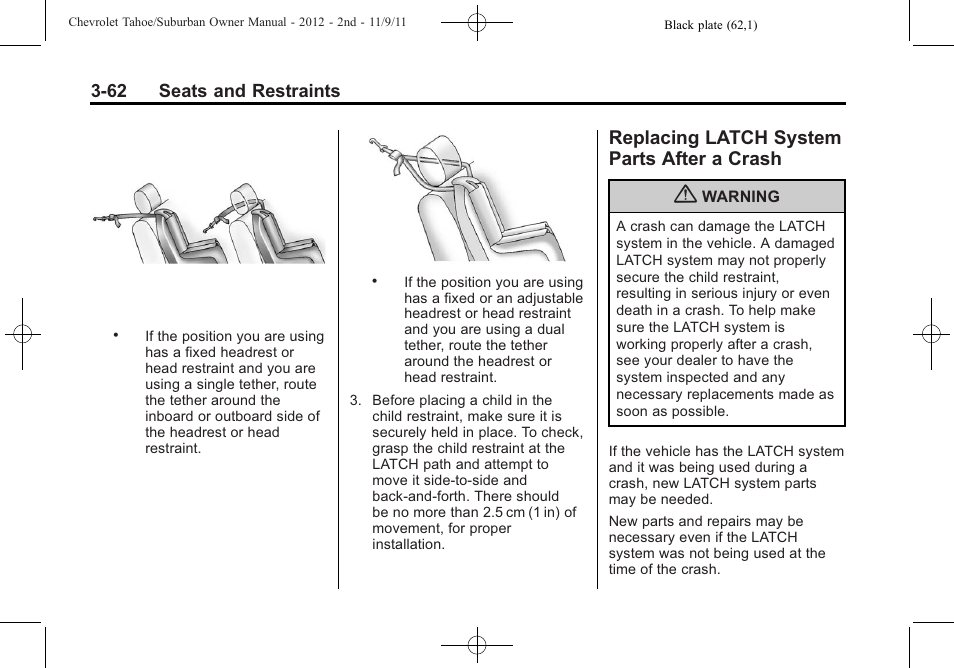 Replacing latch system parts after a crash, Replacing latch system, Parts after a crash -62 | CHEVROLET 2012 Suburban User Manual | Page 124 / 544