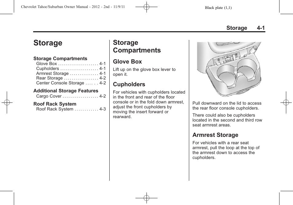 Storage, Storage compartments, Glove box | Cupholders, Armrest storage, Storage -1, Storage compartments -1, Phone | CHEVROLET 2012 Suburban User Manual | Page 133 / 544