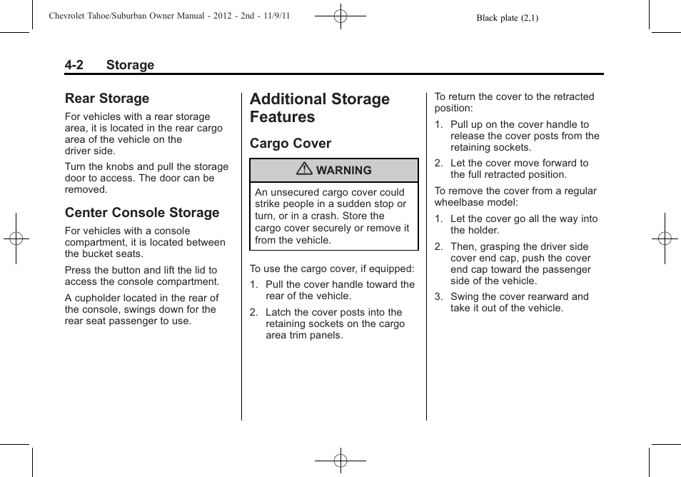 Rear storage, Center console storage, Additional storage features | Cargo cover, Rear storage -2 center console storage -2, Cargo cover -2 | CHEVROLET 2012 Suburban User Manual | Page 134 / 544