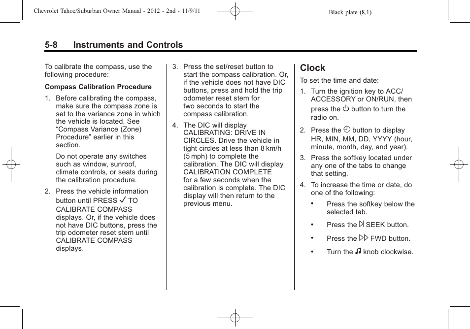 Clock, Clock -8, 8 instruments and controls | CHEVROLET 2012 Suburban User Manual | Page 144 / 544