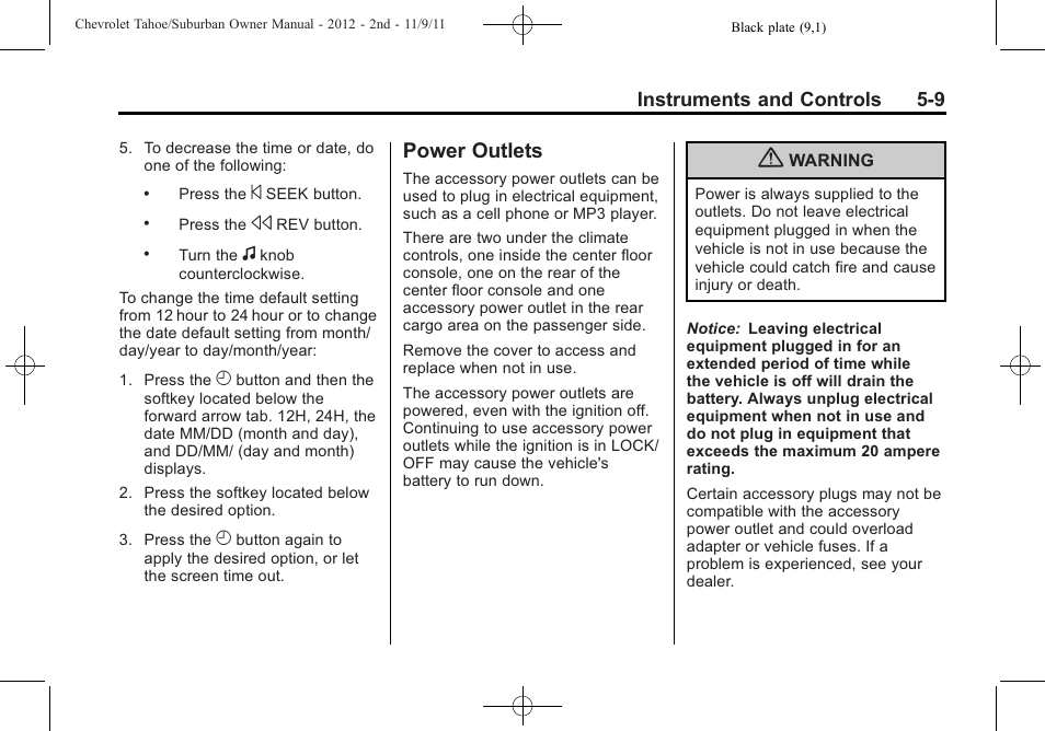 Power outlets, Power outlets -9 | CHEVROLET 2012 Suburban User Manual | Page 145 / 544