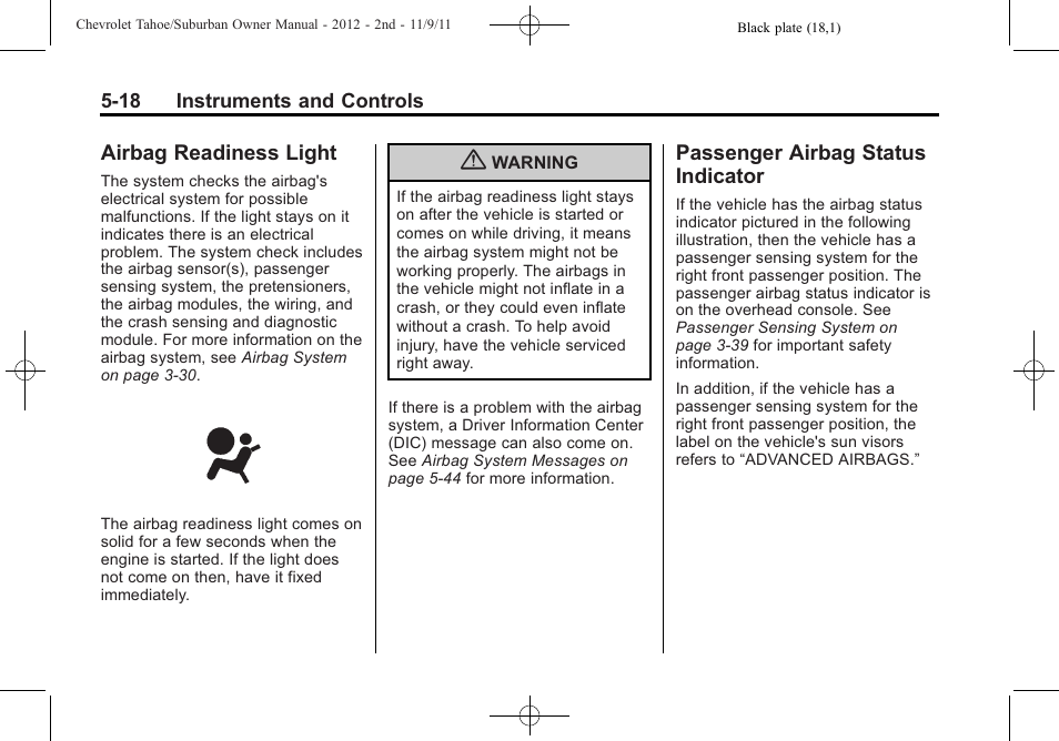 Airbag readiness light, Passenger airbag status indicator, Airbag readiness light -18 passenger airbag status | Indicator -18 | CHEVROLET 2012 Suburban User Manual | Page 154 / 544