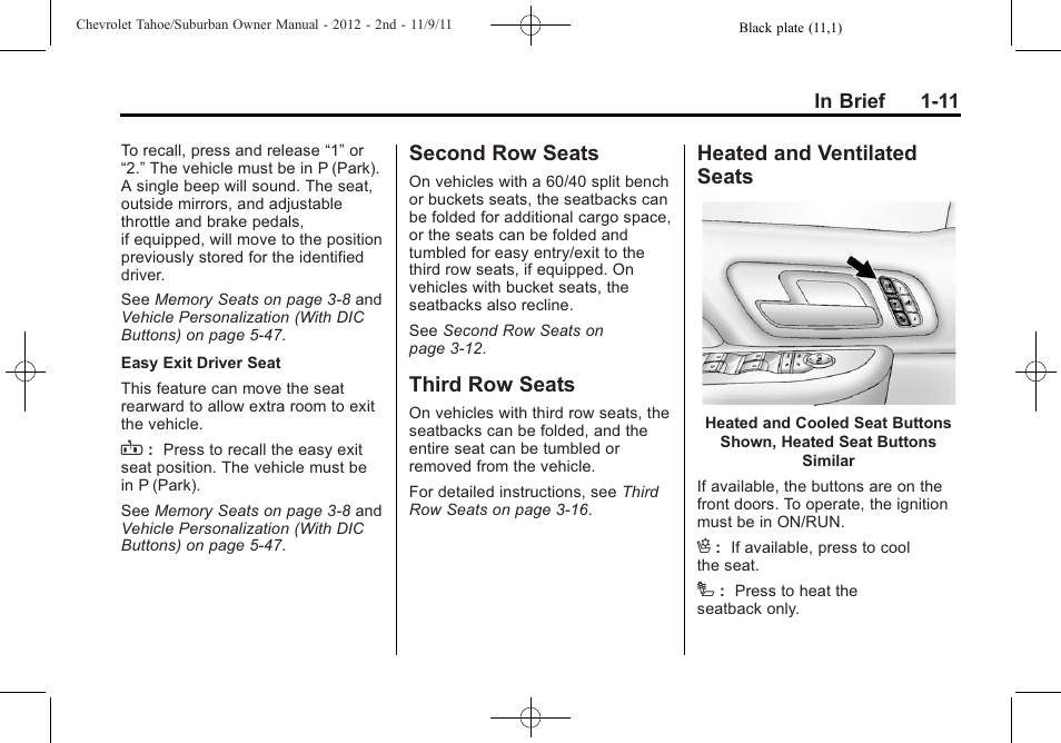 Second row seats, Third row seats, Heated and ventilated seats | Seats -11 | CHEVROLET 2012 Suburban User Manual | Page 17 / 544