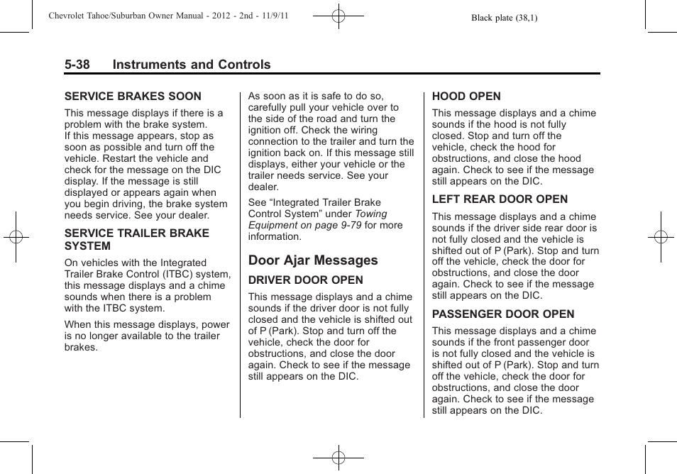 Door ajar messages, Door ajar messages -38 | CHEVROLET 2012 Suburban User Manual | Page 174 / 544