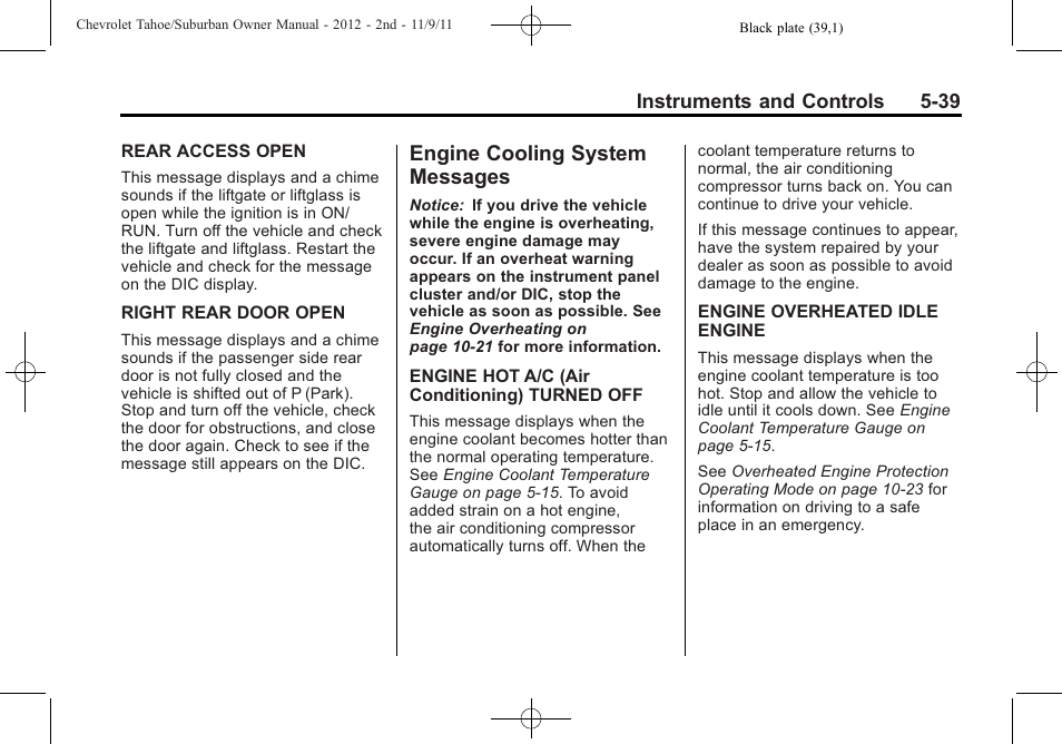 Engine cooling system messages, Engine cooling system, Messages -39 | CHEVROLET 2012 Suburban User Manual | Page 175 / 544