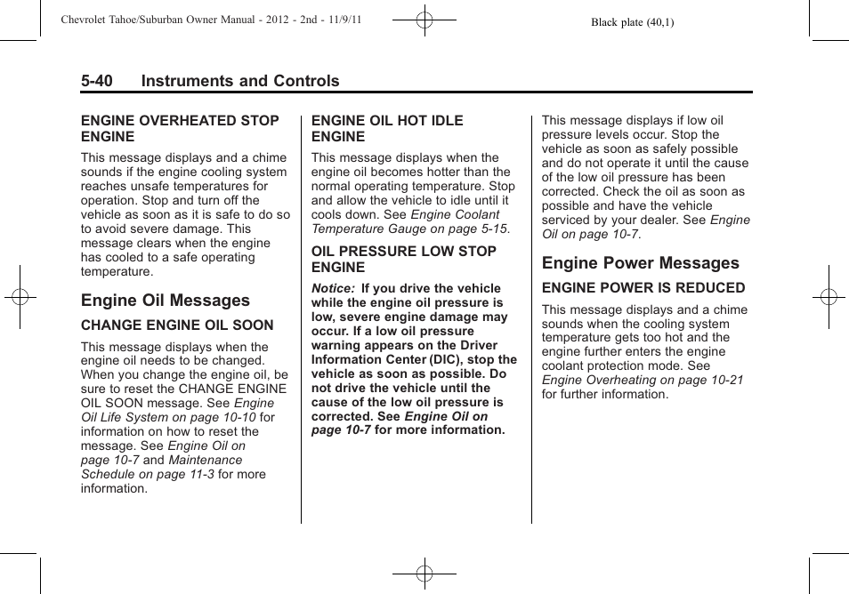 Engine oil messages, Engine power messages, Engine oil messages -40 engine power messages -40 | CHEVROLET 2012 Suburban User Manual | Page 176 / 544