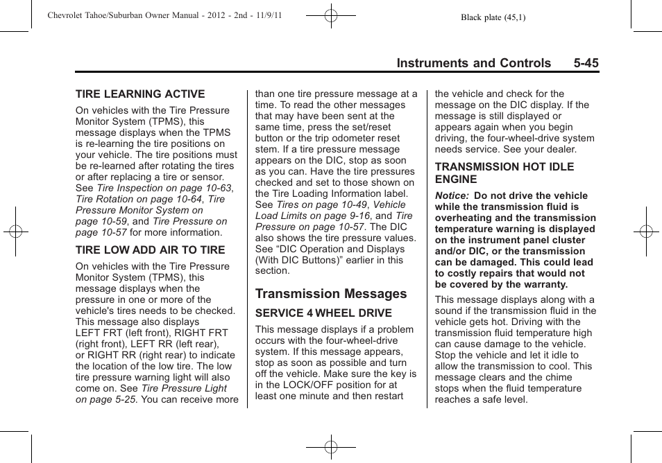 Transmission messages, Transmission messages -45 | CHEVROLET 2012 Suburban User Manual | Page 181 / 544