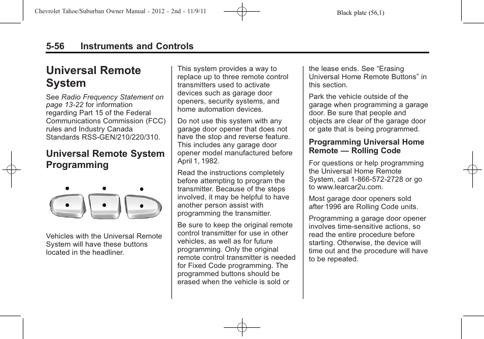 Universal remote system, Universal remote system programming, Programming -56 | CHEVROLET 2012 Suburban User Manual | Page 192 / 544