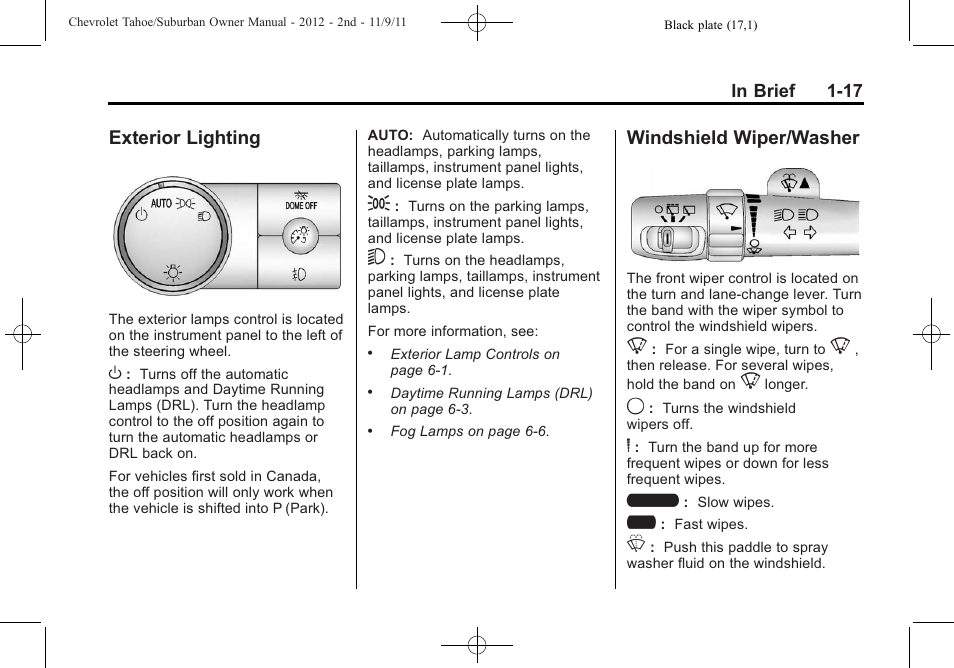 Exterior lighting, Windshield wiper/washer, Exterior lighting -17 | Wiper/washer -17 | CHEVROLET 2012 Suburban User Manual | Page 23 / 544