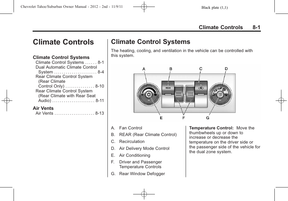 Climate controls, Climate control systems, Climate controls -1 | Climate control systems on | CHEVROLET 2012 Suburban User Manual | Page 265 / 544