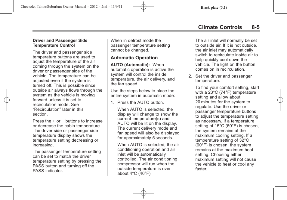 Climate controls 8-5 | CHEVROLET 2012 Suburban User Manual | Page 269 / 544