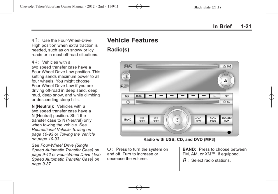 Vehicle features, Radio(s), Vehicle features -21 | Roof rack system, Radio(s) -21, Driving | CHEVROLET 2012 Suburban User Manual | Page 27 / 544