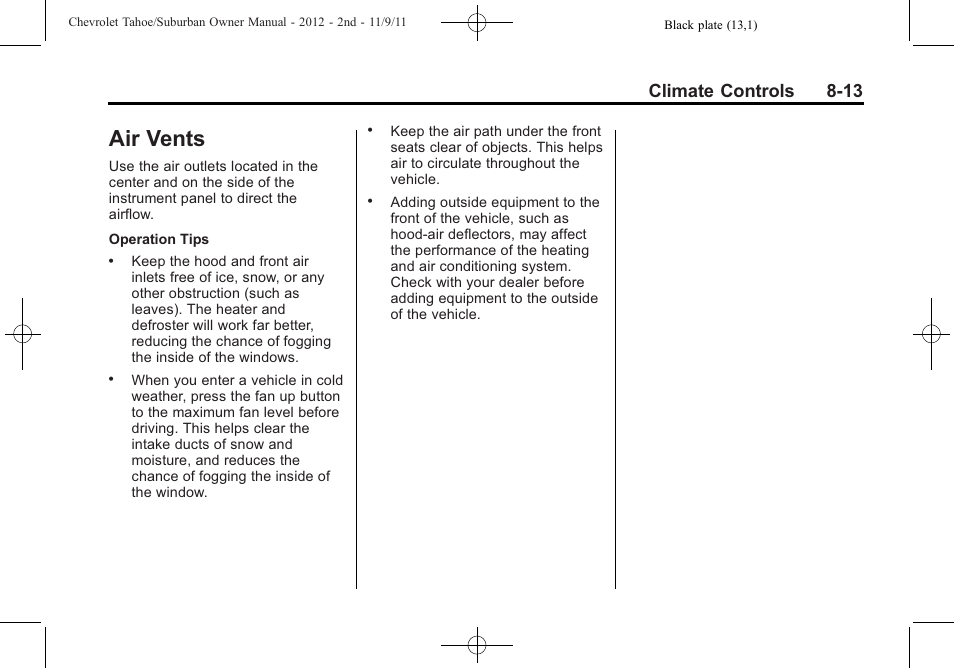 Air vents, Air vents -13, Climate controls 8-13 | CHEVROLET 2012 Suburban User Manual | Page 277 / 544