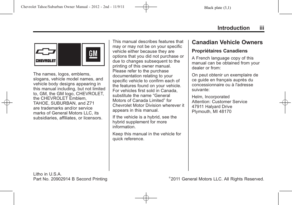 Introduction, Canadian vehicle owners, Introduction iii | CHEVROLET 2012 Suburban User Manual | Page 3 / 544