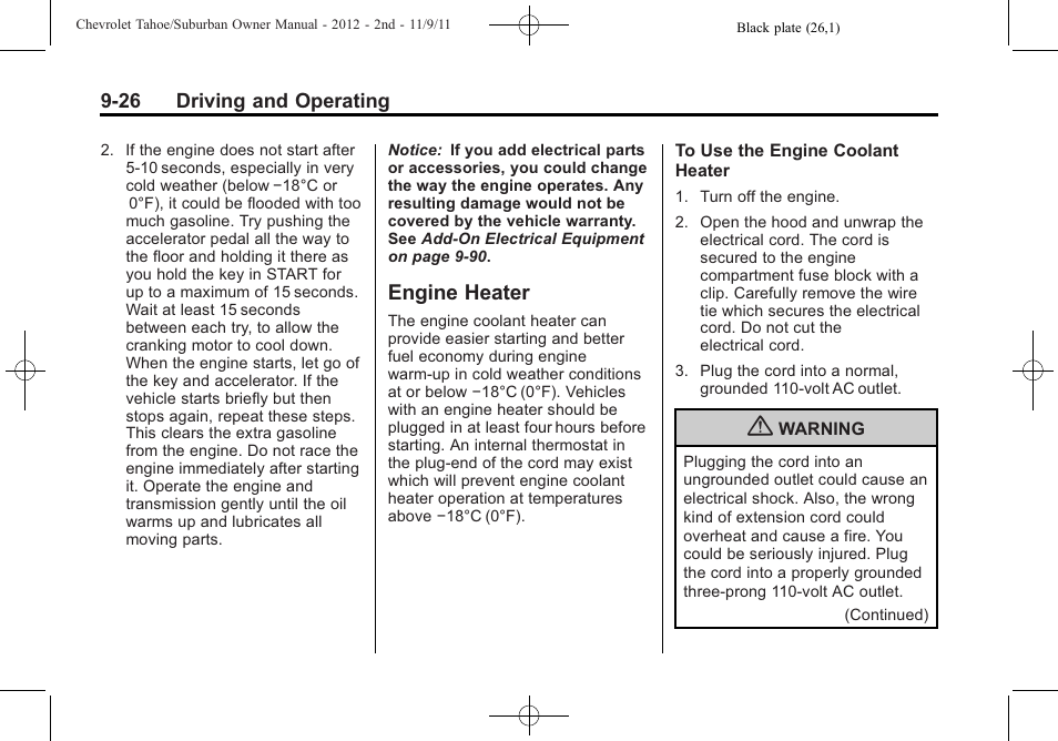 Engine heater, Engine heater -26 | CHEVROLET 2012 Suburban User Manual | Page 304 / 544