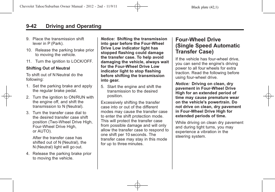 Four-wheel drive (single, Speed automatic transfer case) -42, 42 driving and operating | CHEVROLET 2012 Suburban User Manual | Page 320 / 544