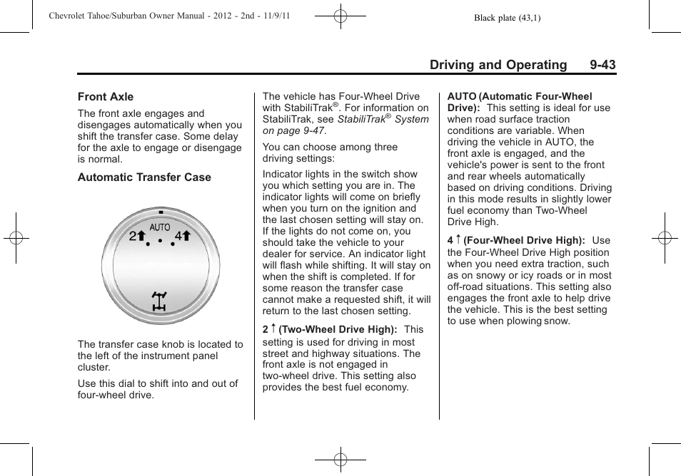 Driving and operating 9-43 | CHEVROLET 2012 Suburban User Manual | Page 321 / 544