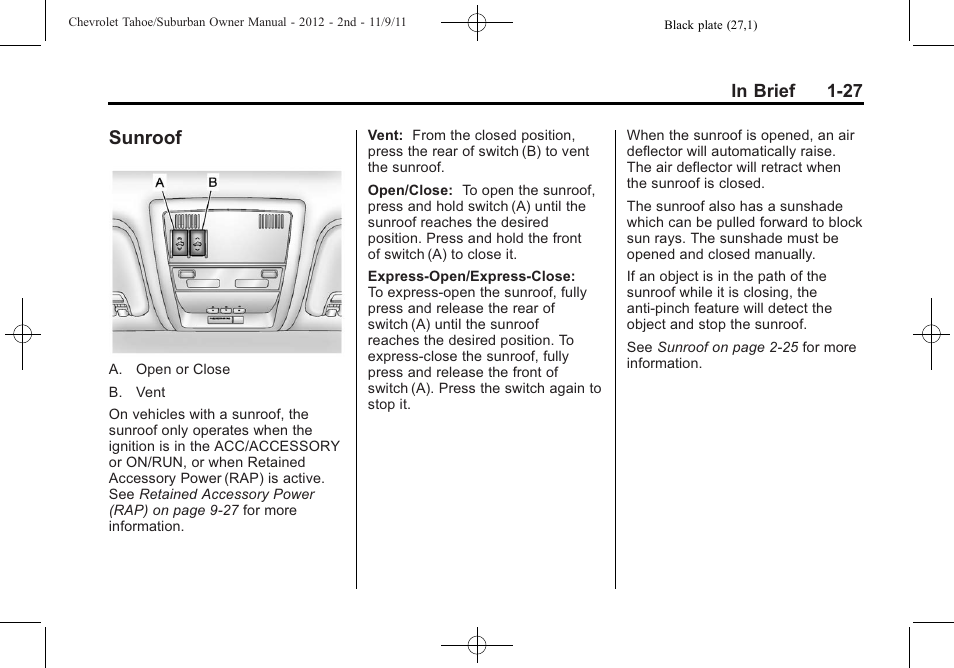 Sunroof, Sunroof -27 | CHEVROLET 2012 Suburban User Manual | Page 33 / 544