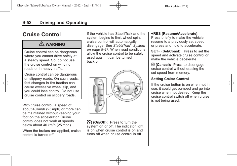 Cruise control, Control -52, Cruise control -52 | CHEVROLET 2012 Suburban User Manual | Page 330 / 544