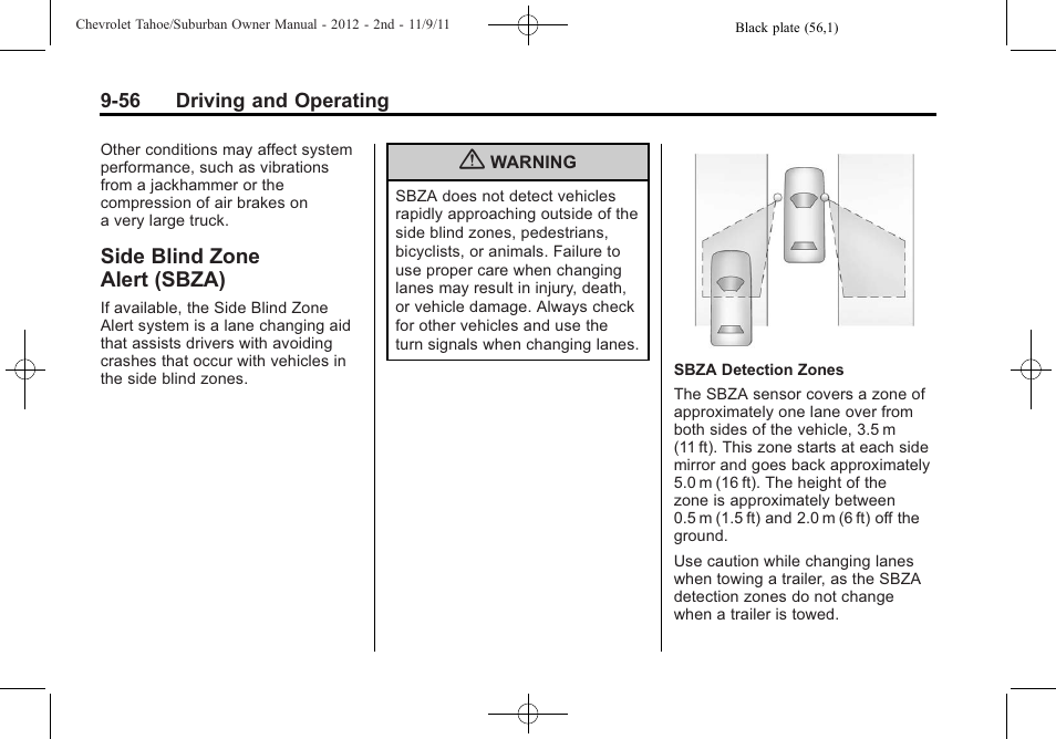 Side blind zone alert (sbza), Side blind zone, Alert (sbza) -56 | CHEVROLET 2012 Suburban User Manual | Page 334 / 544