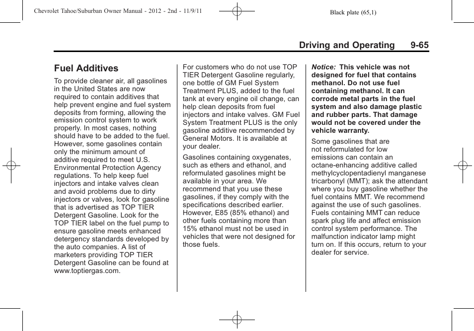 Fuel additives, Fuel additives -65 | CHEVROLET 2012 Suburban User Manual | Page 343 / 544