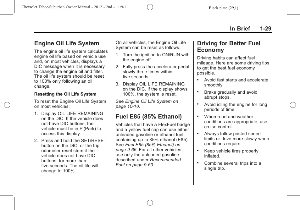 Engine oil life system, Fuel e85 (85% ethanol), Driving for better fuel economy | For better fuel, Economy -29 | CHEVROLET 2012 Suburban User Manual | Page 35 / 544