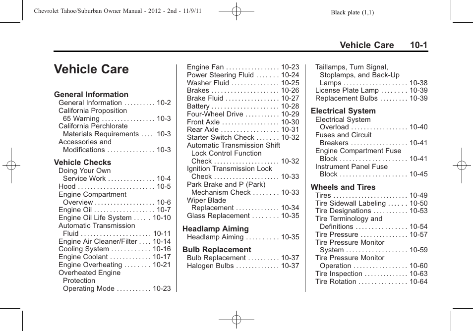 Vehicle care, Vehicle care -1, Vehicle care 10-1 | CHEVROLET 2012 Suburban User Manual | Page 373 / 544