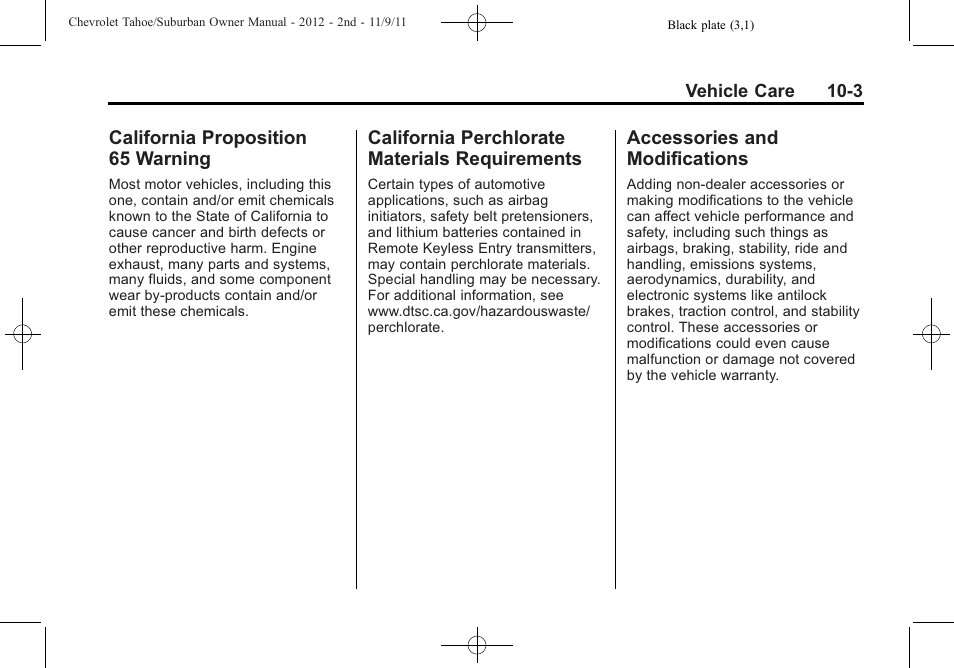 California proposition 65 warning, California perchlorate materials requirements, Accessories and modifications | California proposition, 65 warning -3, California perchlorate, Materials requirements -3, Accessories and, Modifications -3 | CHEVROLET 2012 Suburban User Manual | Page 375 / 544