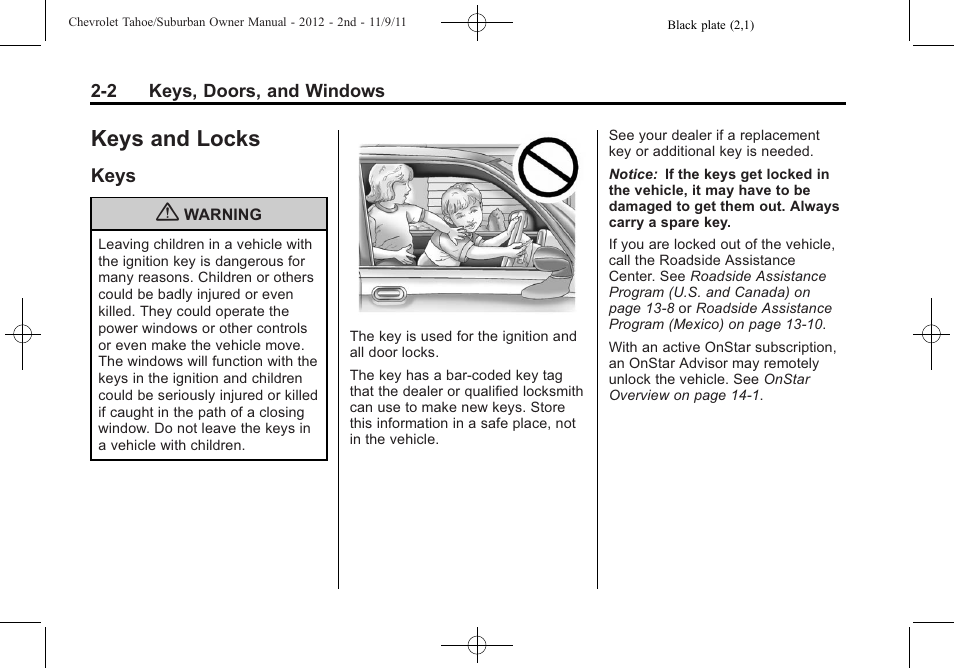 Keys and locks, Keys, Keys and locks -2 | Information displays, Keys -2 | CHEVROLET 2012 Suburban User Manual | Page 38 / 544