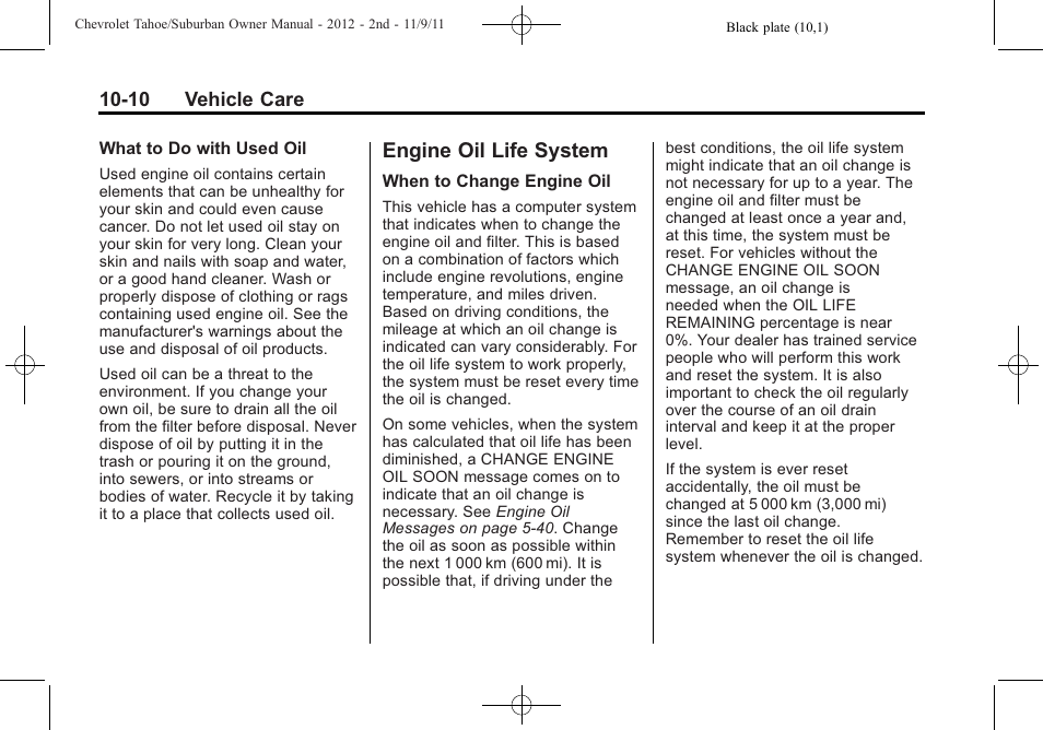 Engine oil life system, Engine oil life system -10, Glass | CHEVROLET 2012 Suburban User Manual | Page 382 / 544