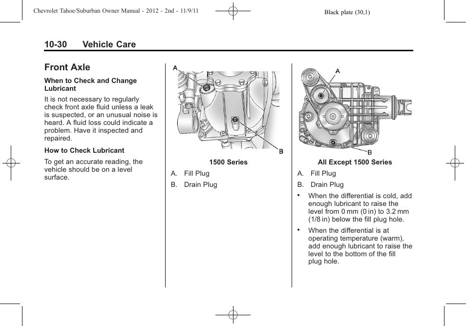 Front axle, Front axle -30, 30 vehicle care | CHEVROLET 2012 Suburban User Manual | Page 402 / 544