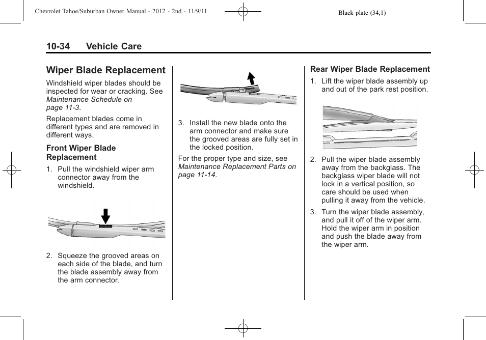 Wiper blade replacement, Wiper blade, 34 vehicle care | CHEVROLET 2012 Suburban User Manual | Page 406 / 544