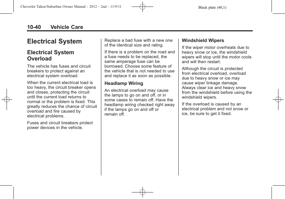 Electrical system, Electrical system overload, Electrical system -40 | Overload -40 | CHEVROLET 2012 Suburban User Manual | Page 412 / 544