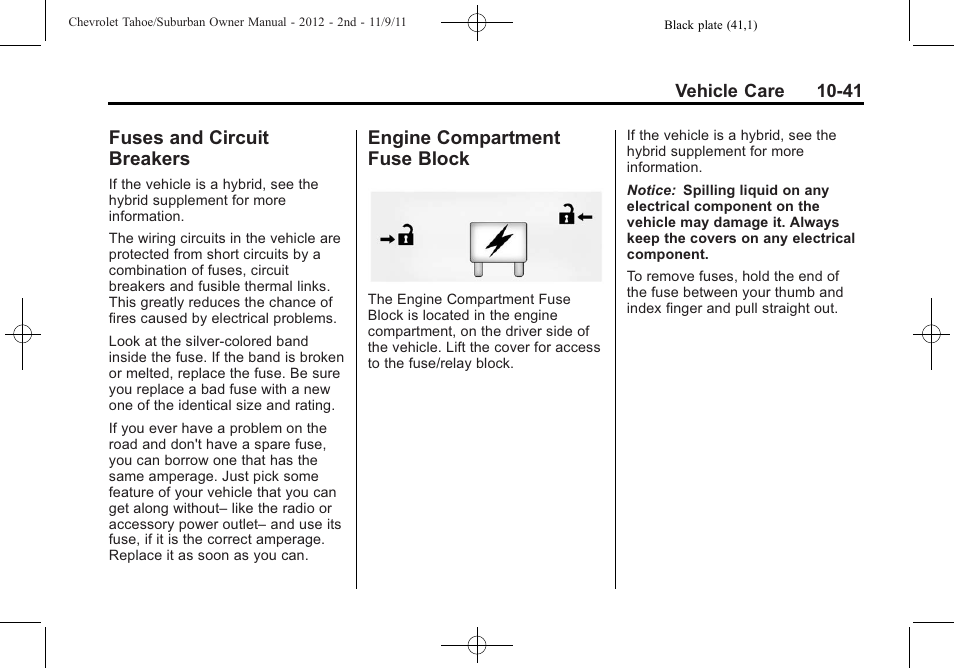 Fuses and circuit breakers, Engine compartment fuse block, Fuses and circuit | Breakers -41, Engine compartment fuse, Block -41 | CHEVROLET 2012 Suburban User Manual | Page 413 / 544