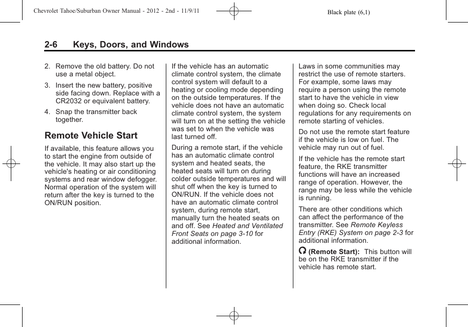 Remote vehicle start, Remote vehicle start -6 | CHEVROLET 2012 Suburban User Manual | Page 42 / 544