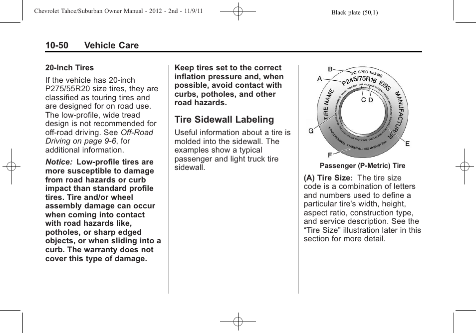 Tire sidewall labeling, Tire sidewall labeling -50 | CHEVROLET 2012 Suburban User Manual | Page 422 / 544