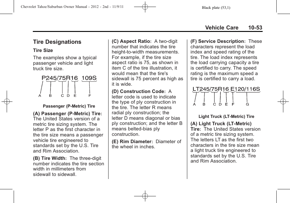 Tire designations, Ire designations -53 | CHEVROLET 2012 Suburban User Manual | Page 425 / 544