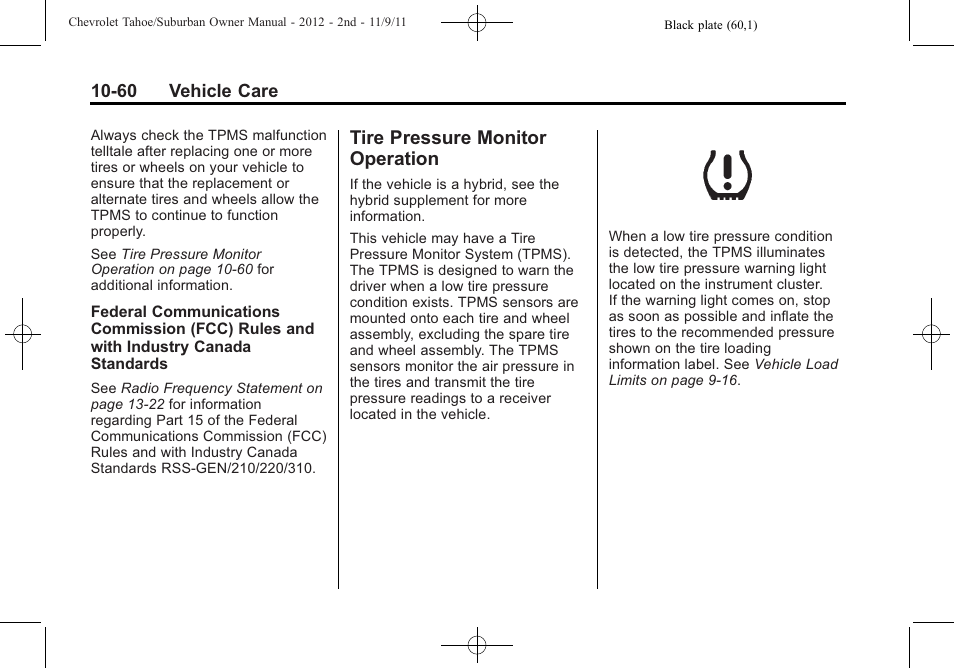 Tire pressure monitor operation, Tire pressure monitor, Operation -60 | CHEVROLET 2012 Suburban User Manual | Page 432 / 544