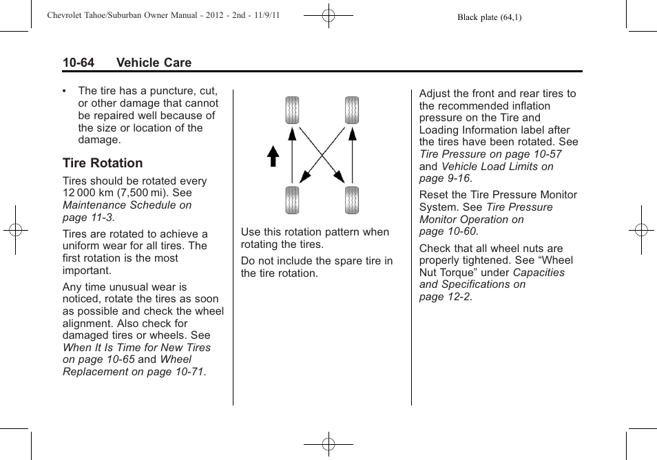 Tire rotation, Tire rotation -64 | CHEVROLET 2012 Suburban User Manual | Page 436 / 544