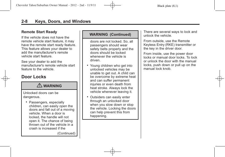 Door locks, Door locks -8, 8 keys, doors, and windows | CHEVROLET 2012 Suburban User Manual | Page 44 / 544