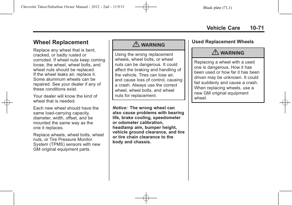 Wheel replacement, Wheel replacement -71 | CHEVROLET 2012 Suburban User Manual | Page 443 / 544