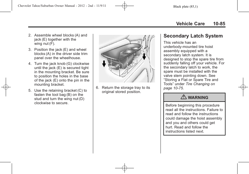 Secondary latch system, Secondary latch system -85 | CHEVROLET 2012 Suburban User Manual | Page 457 / 544