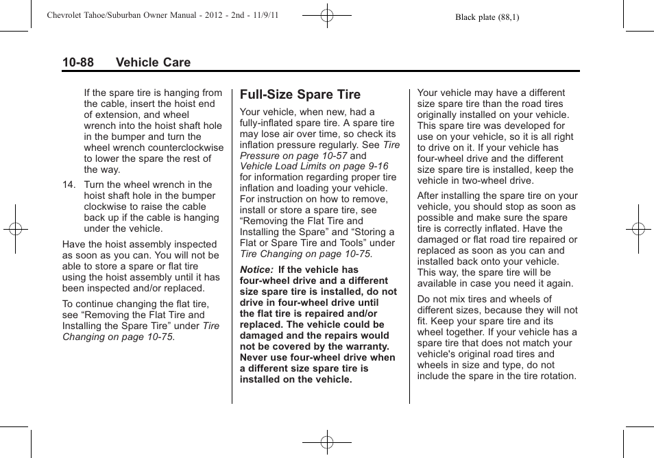 Full-size spare tire, Full-size spare tire -88 | CHEVROLET 2012 Suburban User Manual | Page 460 / 544